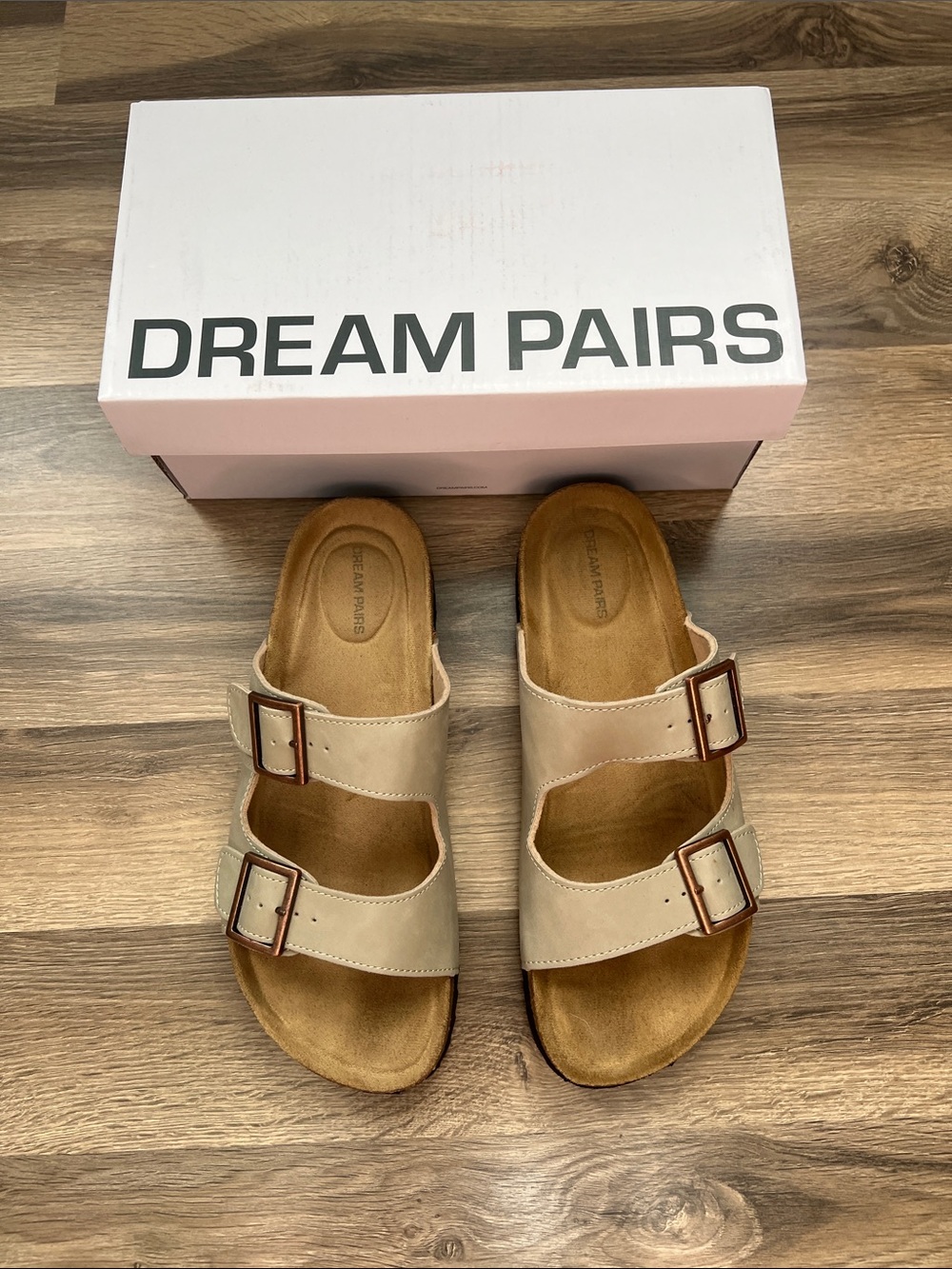 Dream Pairs Size 9 Beige Double-Buckle Slide Sandals with Brown Buckles